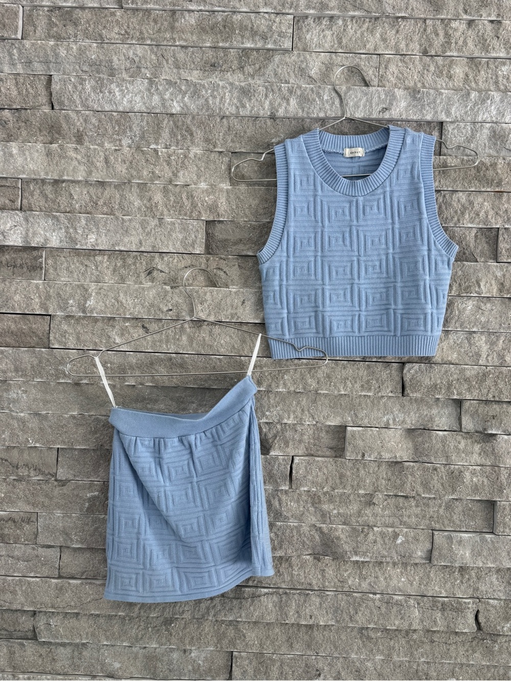 Textured Knit Crop Tank & Mini Skirt Set - Light Blue